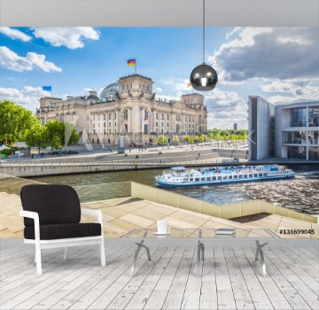 Picture of Berlin government district with Reichstag and ship on Spree river in summer Berlin Mitte Germany